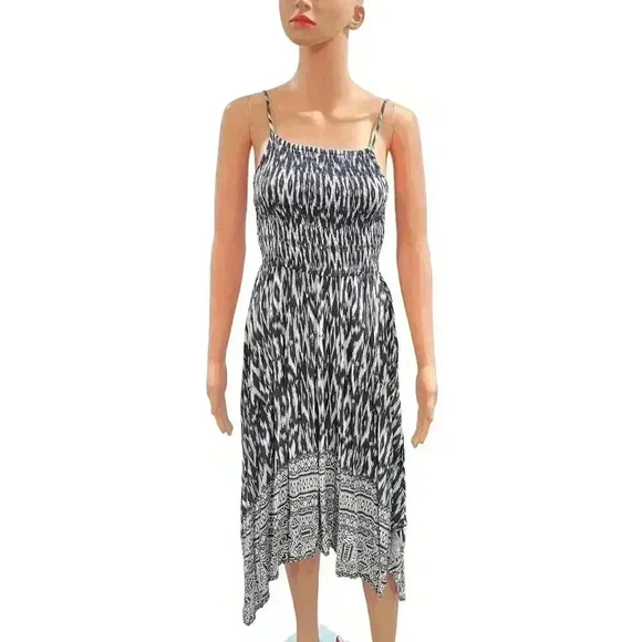 Boho Chic Blue Black and White Midi Dress with Smocked Bodice - Picture 3 of 7